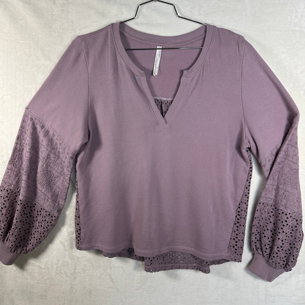 Anthropologie Pullover Top Womens Medium Mauve Eyelet Lace Balloon Sleeve Cotton